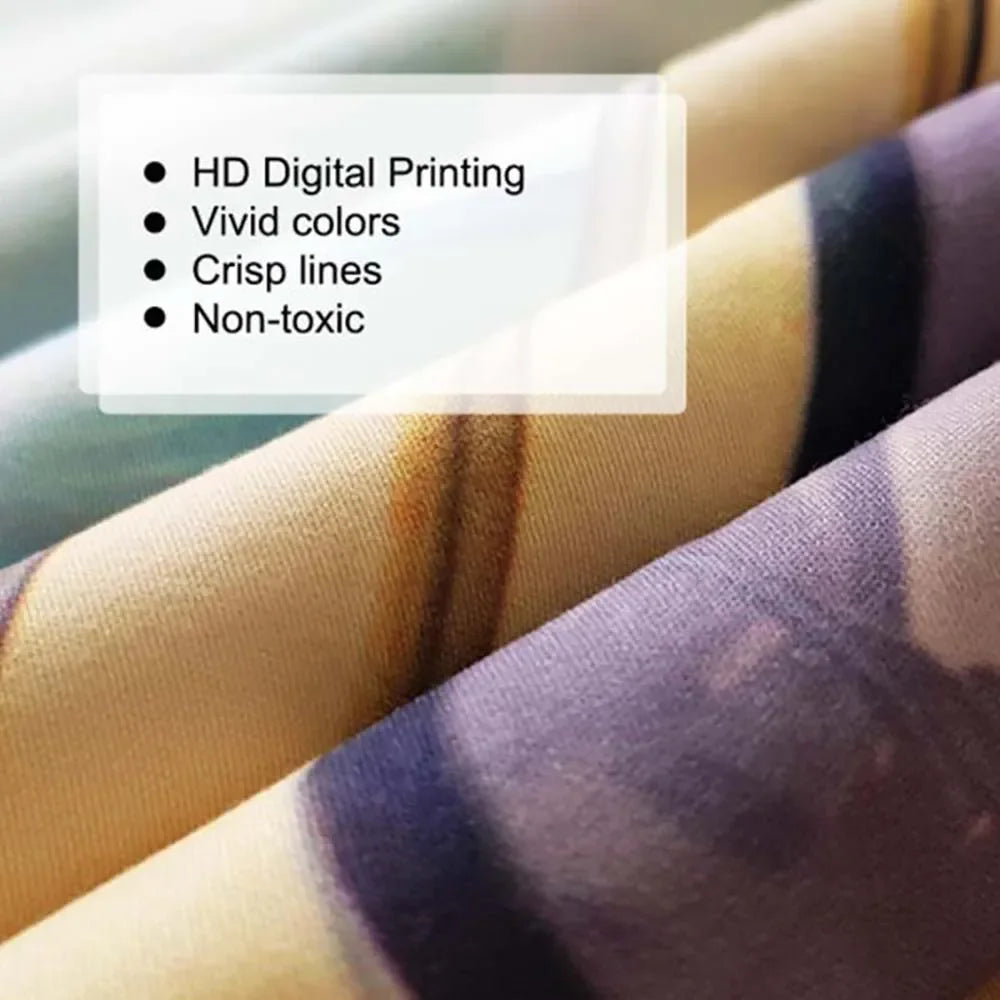 Close-up of a fabric tapestry featuring purple and olive tones with crisp lines.