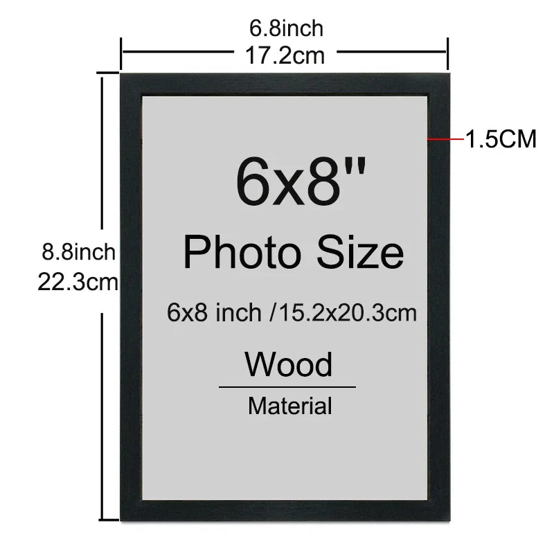 A rectangular black frame with a gray wooden photo insert, measuring 6x8 inches or 15.2x20.3 cm.