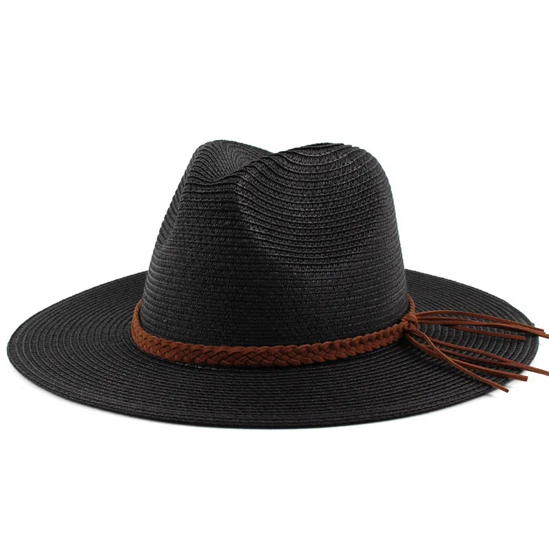 Black packable wide brim straw sun hat with brown leather cord detail