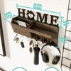 Rustic wooden wall key holder featuring a shelf and seven hooks for keys and accessories.