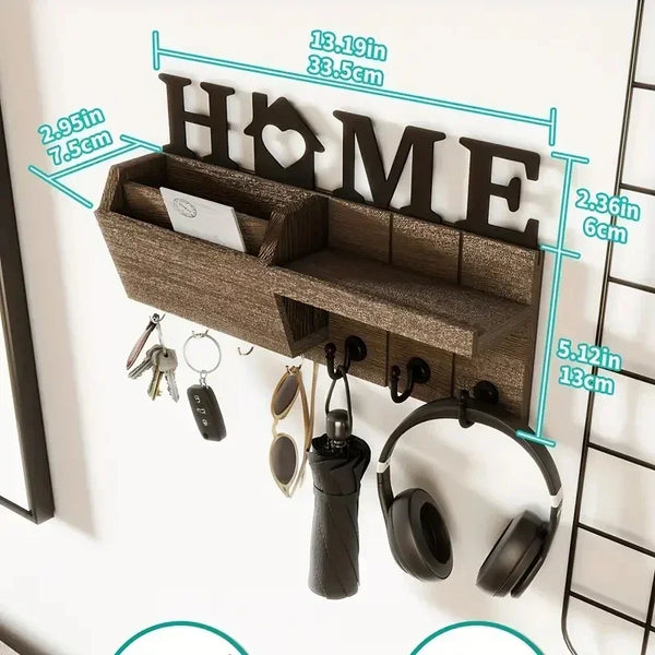 Rustic wooden wall key holder featuring a shelf and seven hooks for keys and accessories.