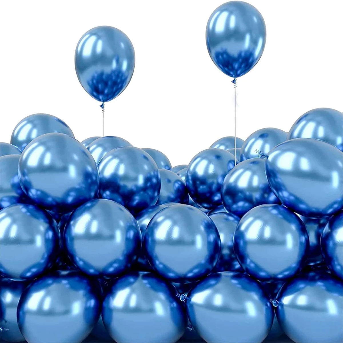 A cluster of shiny blue chrome metallic balloons floating against a white background.