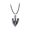 Silver arrow metal keychain with a decorative design hanging from a black cord