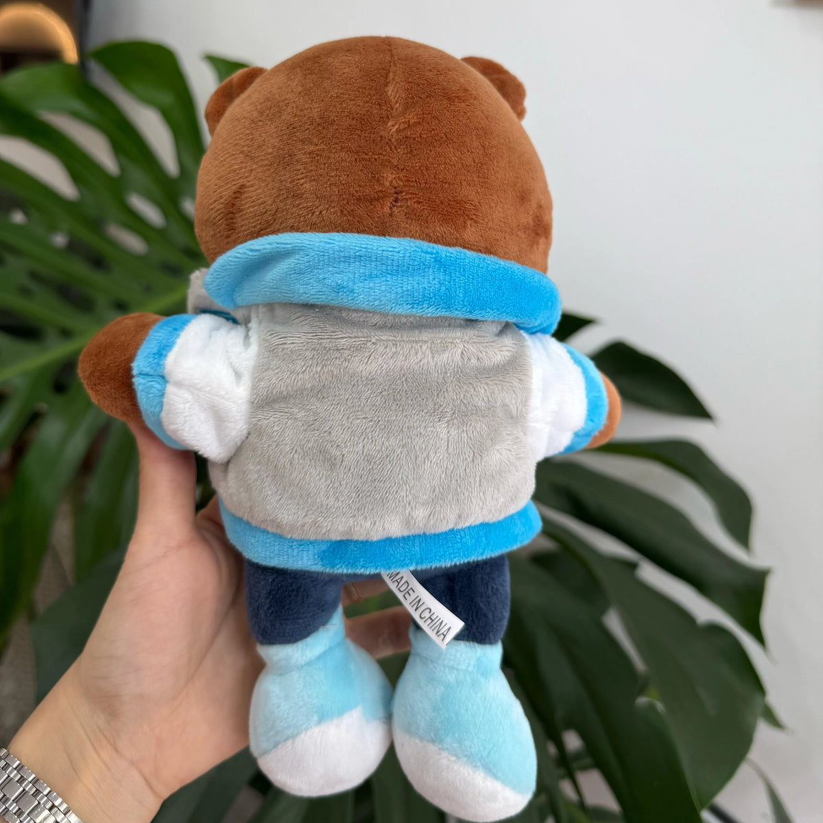 A brown and blue graduation bear plush toy is held in a hand against a green plant background.