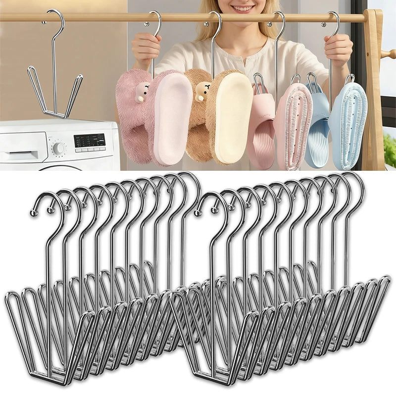 Stainless steel hanging shoe organizer with double hook featuring multiple hooks and various colored shoe inserts