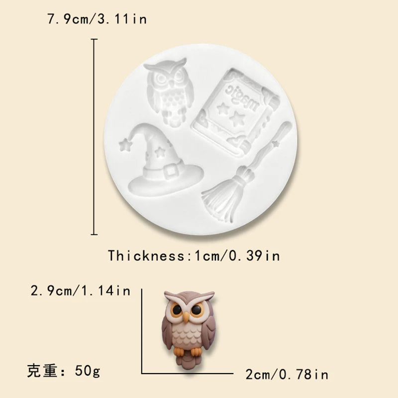 A white silicone mold featuring an owl, a witch's hat, and a broomstick for Halloween baking.