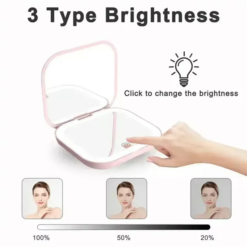 A compact portable vanity mirror showing three brightness levels, indicated by a light bulb icon and a sliding scale.