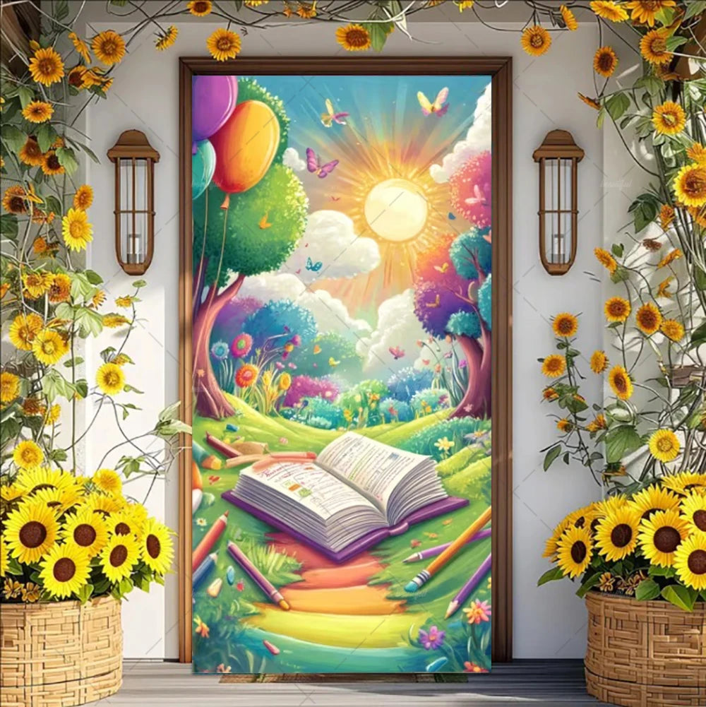 A vibrant floral and nature-themed vinyl backdrop banner featuring sunflowers, lush greenery, and bright colors.
