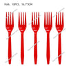 A set of 10 pieces of red plastic forks.