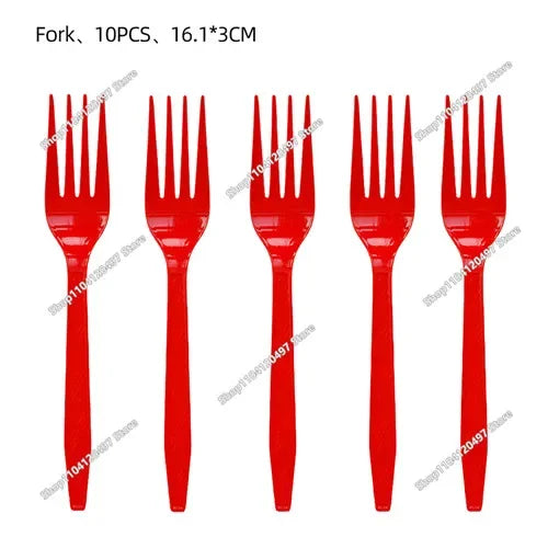 A set of 10 pieces of red plastic forks.
