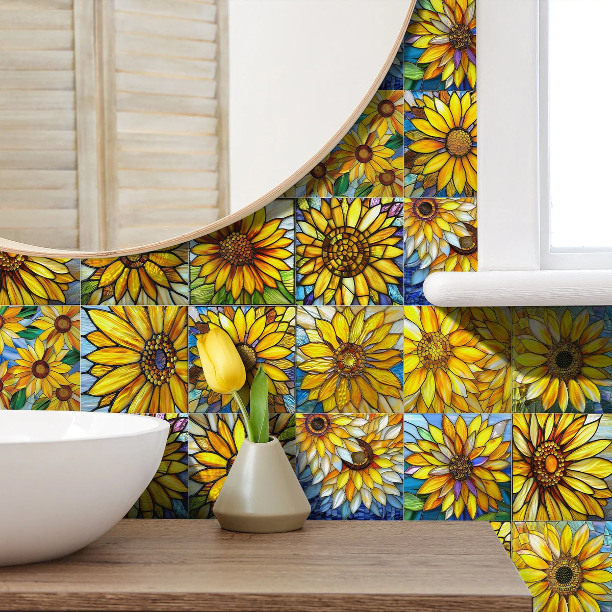 A close-up of a yellow sunflower mosaic wall decal set featuring vibrant yellows and blues on a mirror and tiled surface.