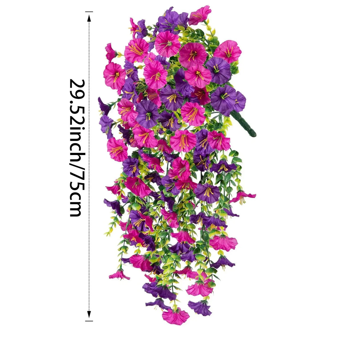 A long artificial garland featuring vibrant purple and pink morning glory flowers mixed with green eucalyptus leaves.