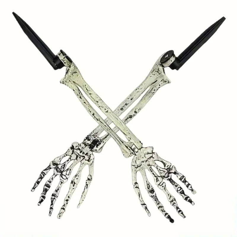 Halloween skeleton bone garden stakes featuring a skull and hand design