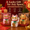 A set of three ceramic lucky cat desk ornaments with gold-rimmed glasses and good luck tags displayed in clear boxes.