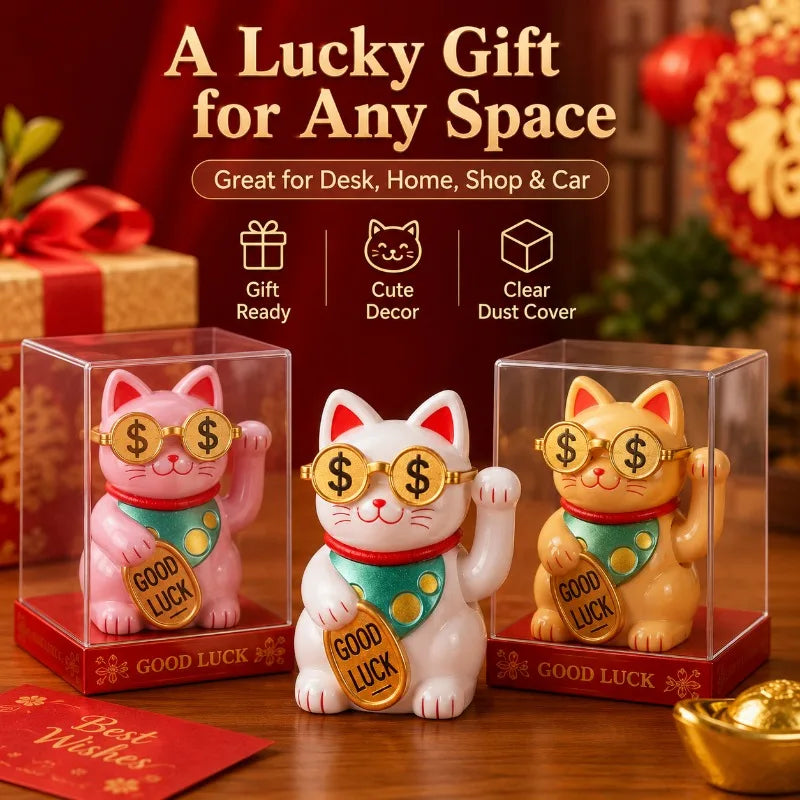 A set of three ceramic lucky cat desk ornaments with gold-rimmed glasses and good luck tags displayed in clear boxes.