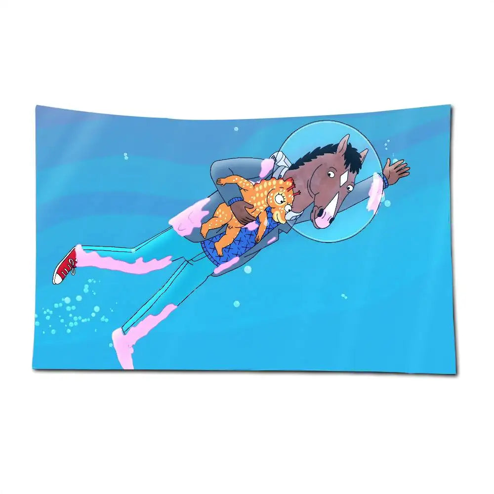 A cartoon illustration of a horse and a fox flying in the sky against a blue background.