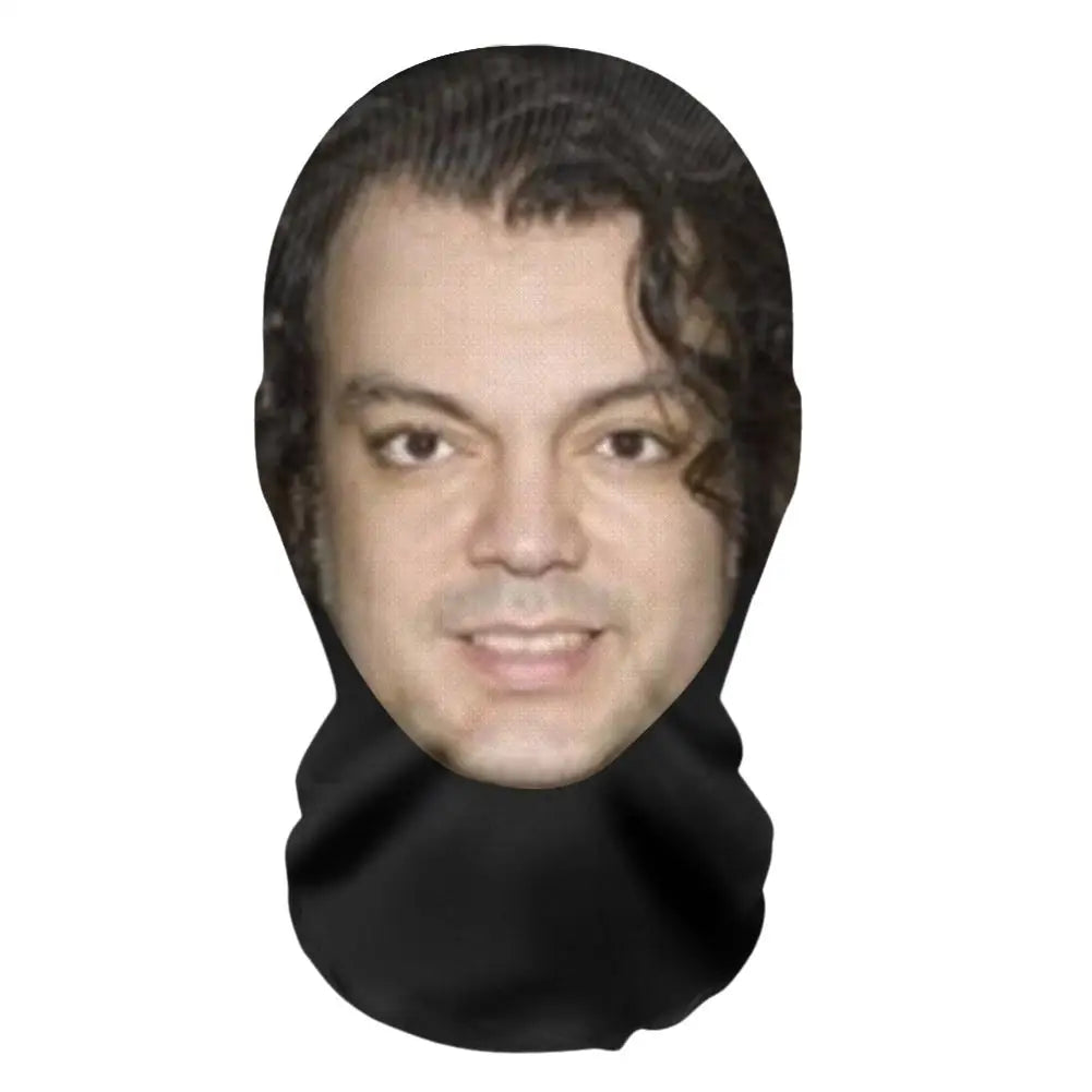 A realistic face mask with dark skin and facial hair covering the lower half of the face.