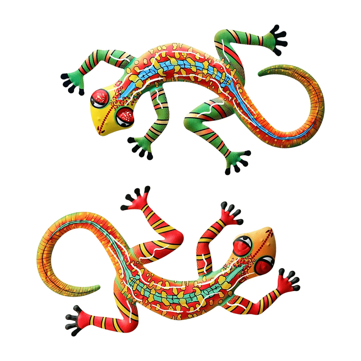 Handcrafted metal gecko wall art featuring vibrant orange, green, and red colors.
