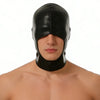 A black faux leather hood mask with a blindfold worn by a male model.