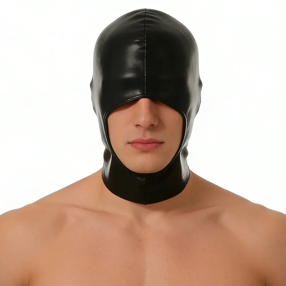 A black faux leather hood mask with a blindfold worn by a male model.