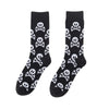 Black novelty crew socks featuring skull, alien, and tiger prints.