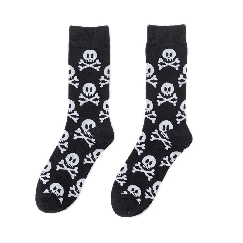 Black novelty crew socks featuring skull, alien, and tiger prints.