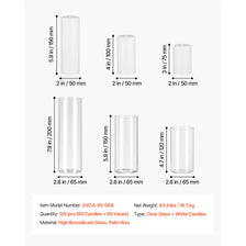 A set of clear glass cylinder vases with white pillar candles for weddings and home décor.
