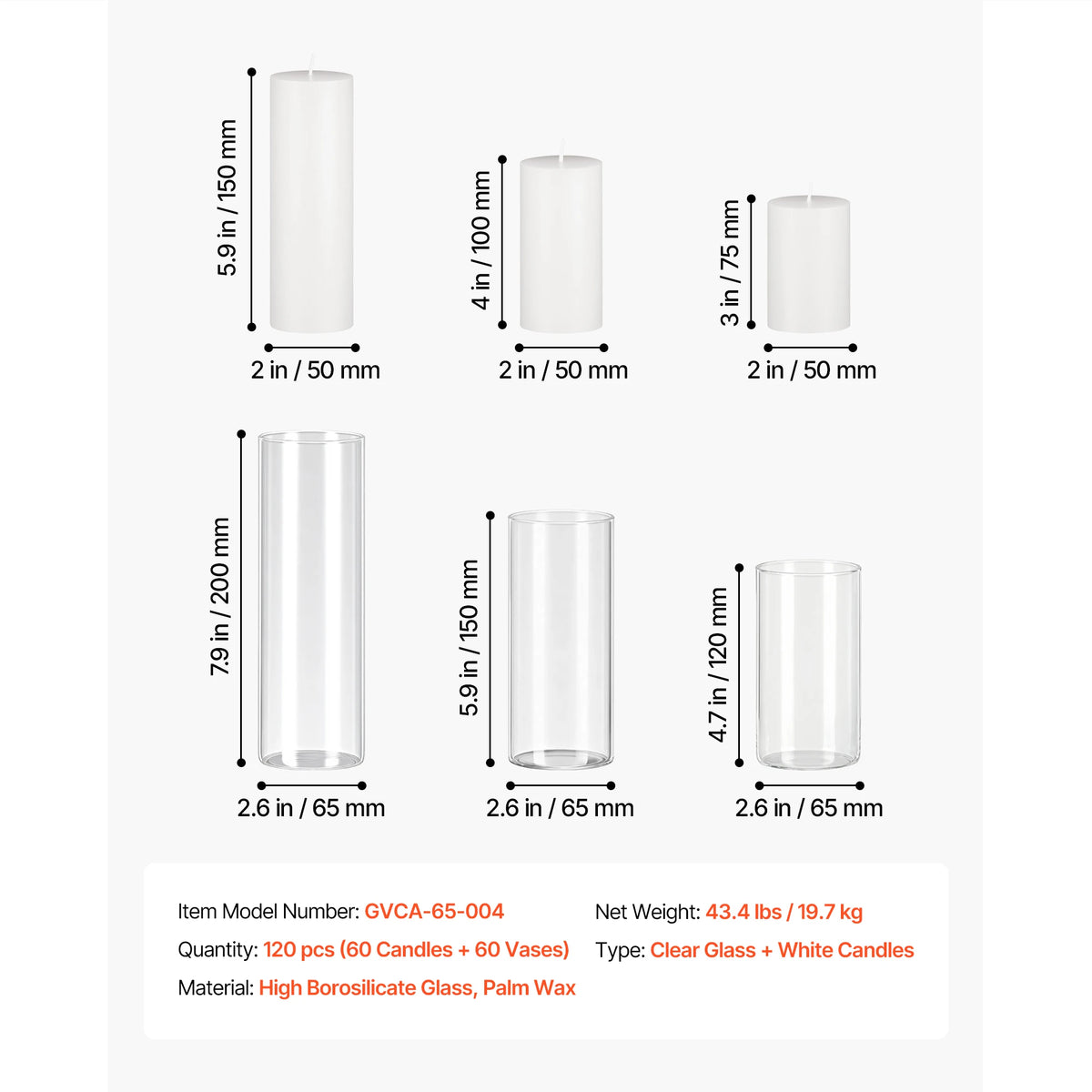 A set of clear glass cylinder vases with white pillar candles for weddings and home décor.