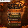 A set of vintage Halloween wooden wall signs detailing Witch's Fall Rules for autumn decor.