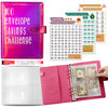 A pink binder for the 100 Envelope Savings Challenge with tracking sheets and envelopes.