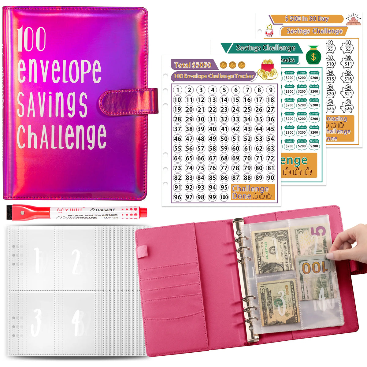 A pink binder for the 100 Envelope Savings Challenge with tracking sheets and envelopes.