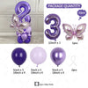 Set de globos morados con el número 3 y formas de mariposa para fiestas