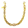 A gold-colored paperclip chain bag strap featuring decorative links and a clasp.