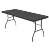 A dark gray stretch spandex tablecloth set with black metal legs.