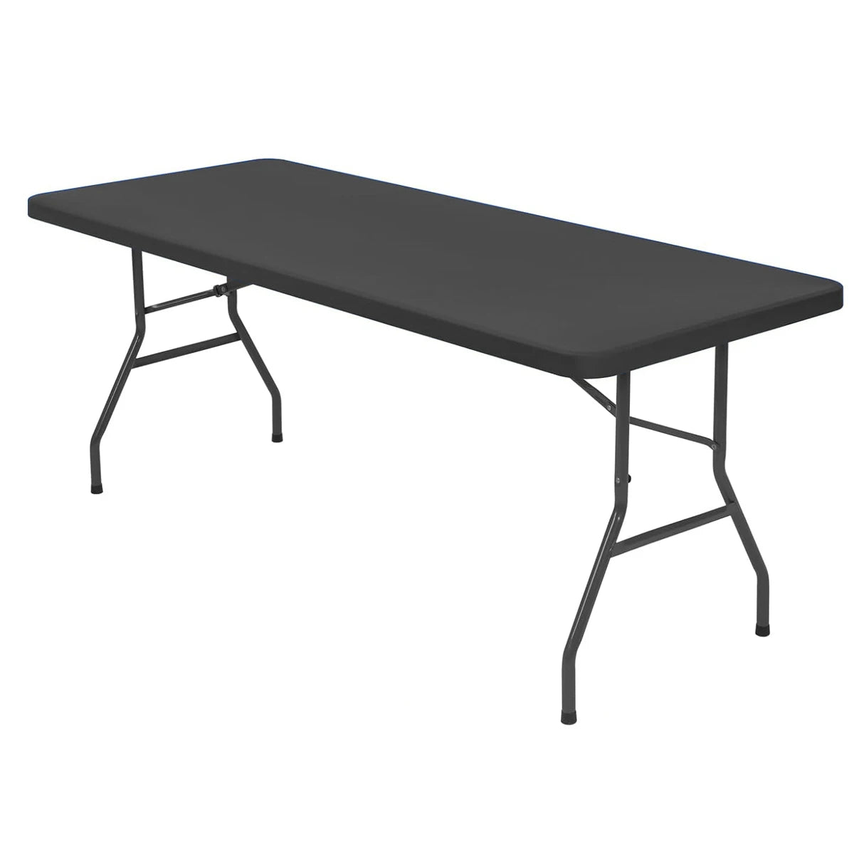A dark gray stretch spandex tablecloth set with black metal legs.