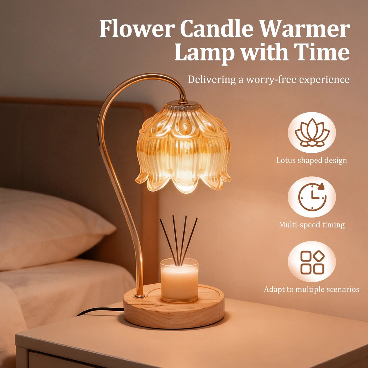 A brass flower candle warmer lamp with a lotus-shaped glass diffuser and wooden base on a bedside table.