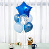 A collection of blue and silver balloons, including a star-shaped balloon, displayed on an adjustable stand.