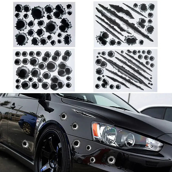 A close-up of a black car featuring realistic 3D bullet hole vinyl decals on the body panel.