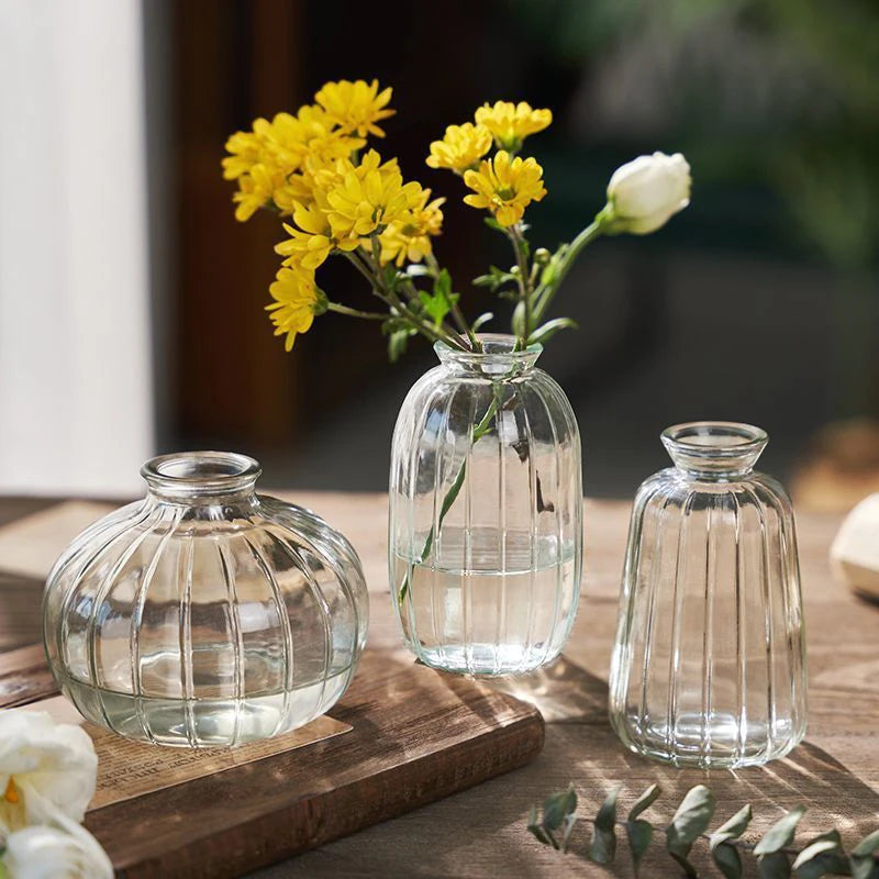 A still life featuring three clear glass vases holding yellow and white flowers on a wooden surface.