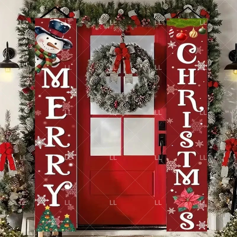 A festive red door banner decorated with Christmas wreaths, snowflakes, and holiday greetings.