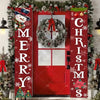 A festive red door banner decorated with Christmas wreaths, snowflakes, and holiday greetings.