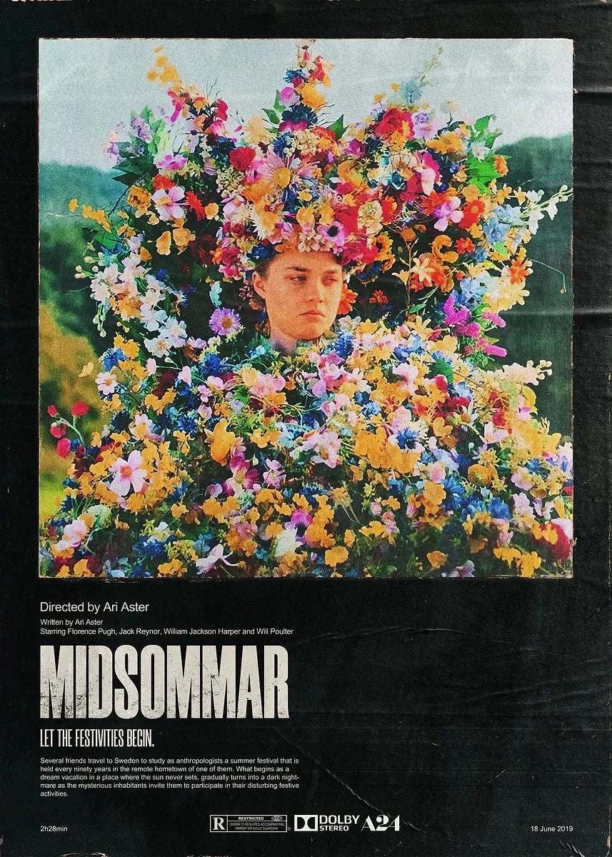 Poster for the musical Midsommar featuring a woman surrounded by vibrant flowers.