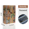 A wooden box with a butterfly design and a round combination lock for a classic book hidden safe.