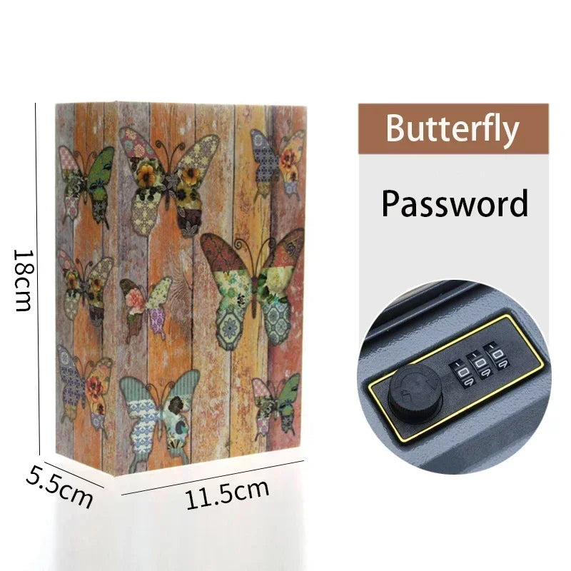 A wooden box with a butterfly design and a round combination lock for a classic book hidden safe.