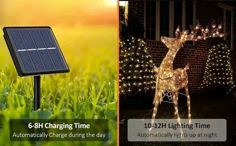 Solar-powered outdoor string lights illuminating a deer statue at night