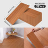 A package of wood grain peel-and-stick floor and wall stickers, showing a rectangular piece and a stacked box.