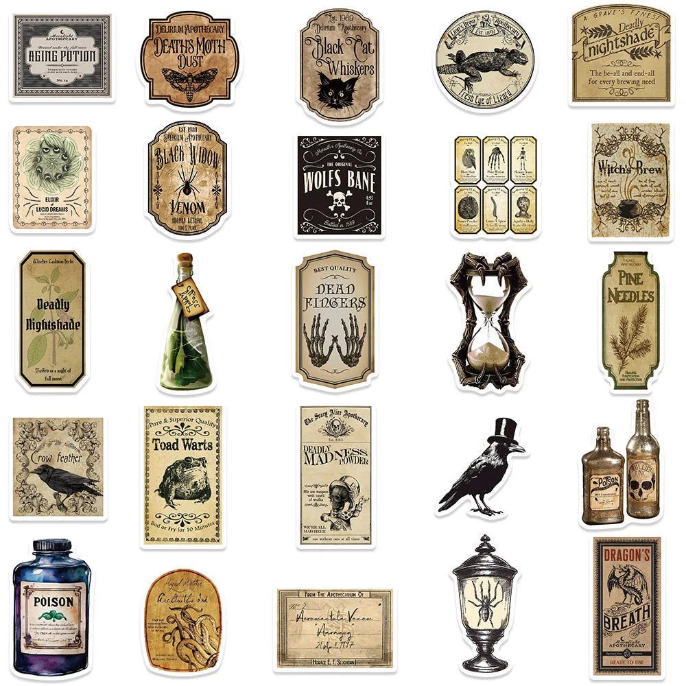 A collection of vintage Halloween potion bottle labels featuring various spooky and gothic designs.