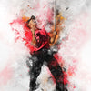 A dynamic splash art painting of a man resembling Tiger Woods in a red shirt and black pants, holding a golf club, against a 
