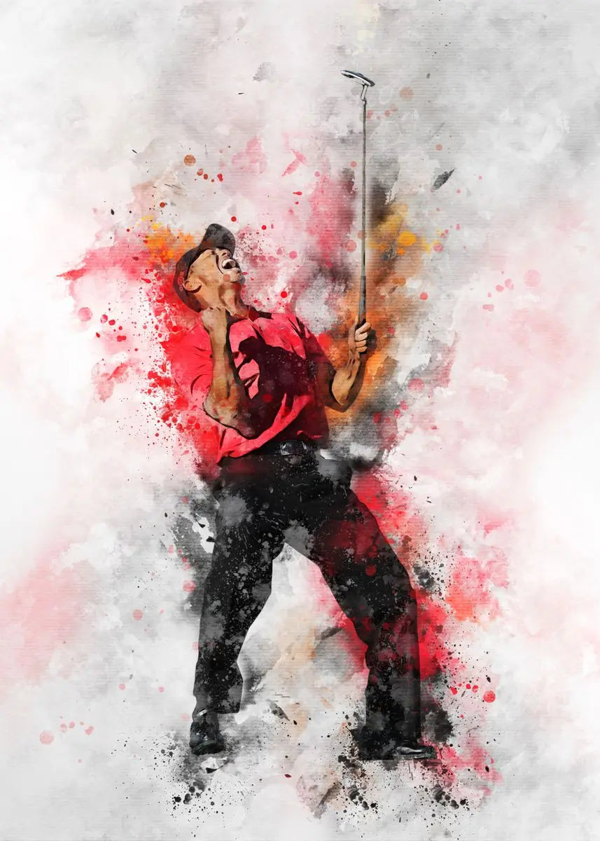 A dynamic splash art painting of a man resembling Tiger Woods in a red shirt and black pants, holding a golf club, against a 