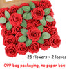 A bouquet of red artificial roses with green leaves packaged in an OPP bag.